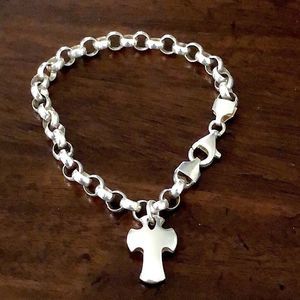 Sterling Silver Rolo Link Italian Bracelet With Sterling Silver Cross Charm